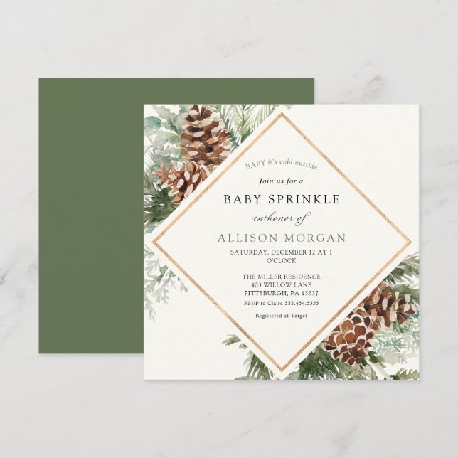 Winter Evergreen and Pine Baby Sprinkle Invitation (Front/Back)