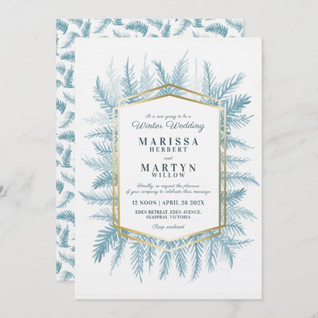 Winter evergreen art blue rescheduled wedding invitation (Front/Back)