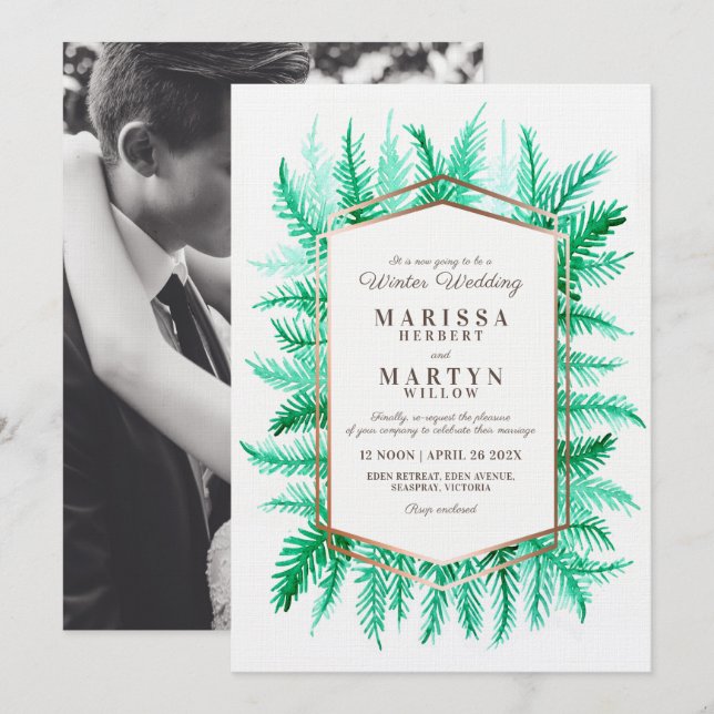 Winter evergreen art green rescheduled wedding invitation (Front/Back)