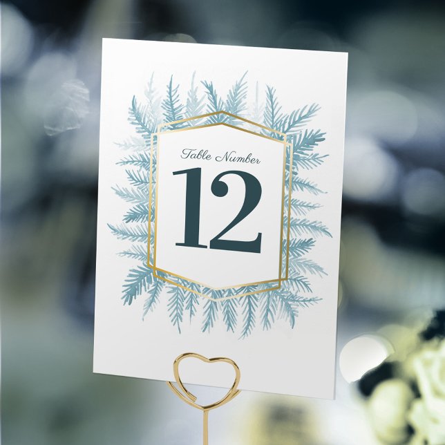 Winter evergreen blue pine art wedding table number (Creator Uploaded)
