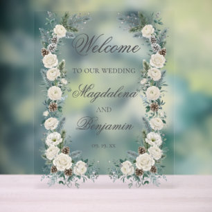 Winter Evergreen Fir White Roses Floral Wedding Acrylic Sign