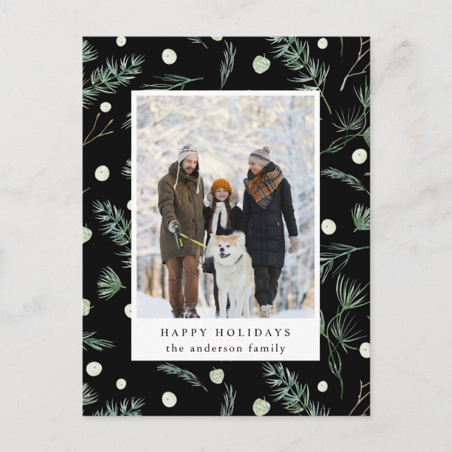 Winter Evergreen Foliage Photo Black Holiday Postcard (Front)