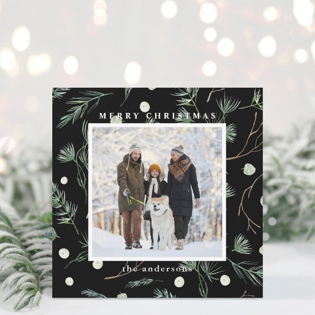 Winter Evergreen Foliage Photo Black Square Holiday Card (Creator Uploaded)