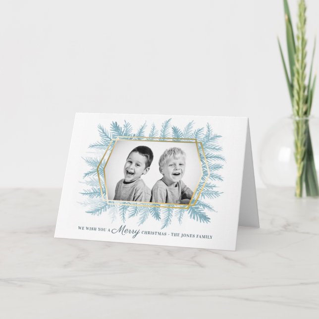 Winter evergreen foliage watercolor blue holiday card (Front)