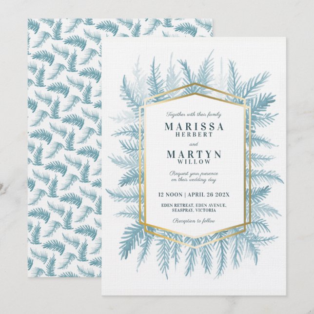 Winter evergreen foliage watercolor blue wedding invitation (Front/Back)