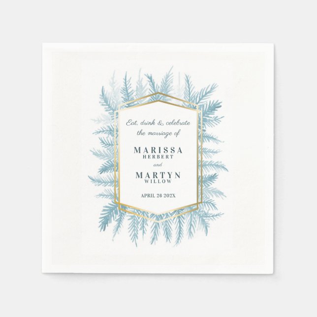 Winter evergreen foliage watercolor blue wedding napkin (Front)