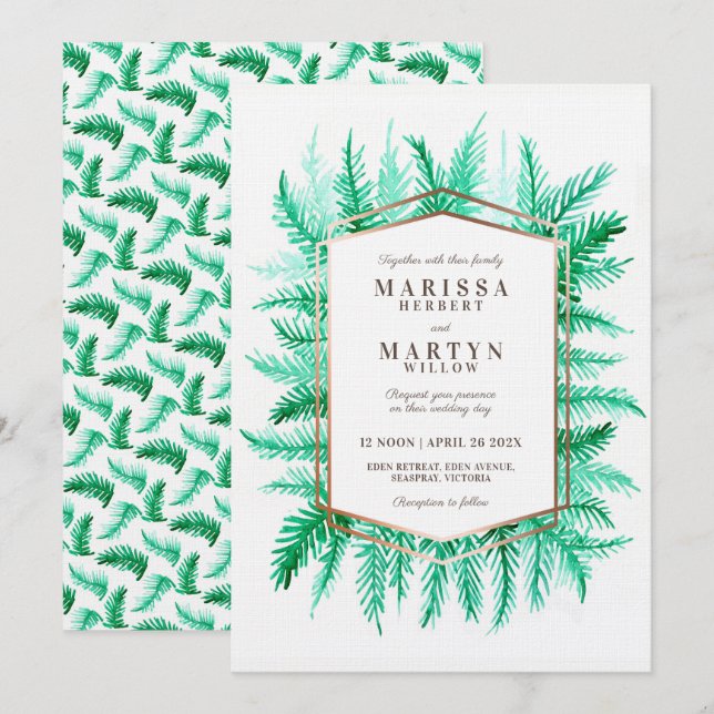 Winter evergreen foliage watercolor green wedding invitation (Front/Back)