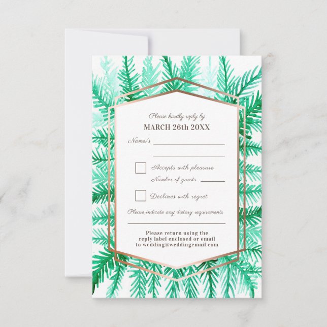 Winter evergreen foliage watercolor green wedding RSVP card (Front)
