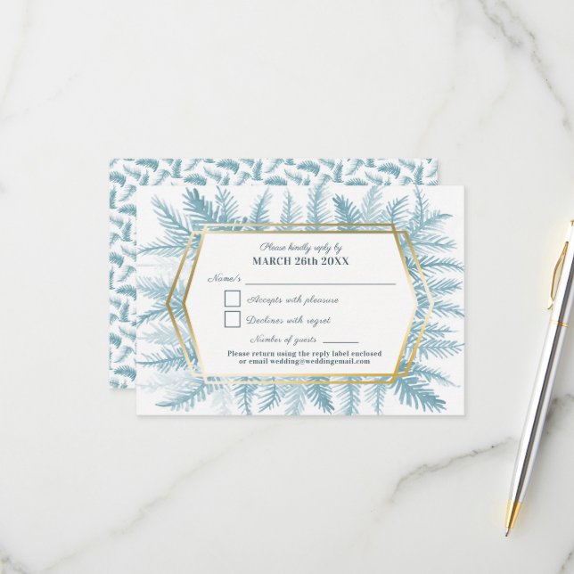 Winter evergreen foliage watercolor grey blue RSVP card (Front/Back In Situ)