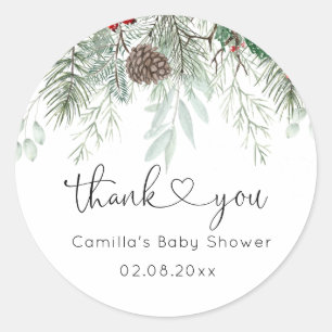 Winter Evergreen Pine Baby Shower  Classic Round Sticker