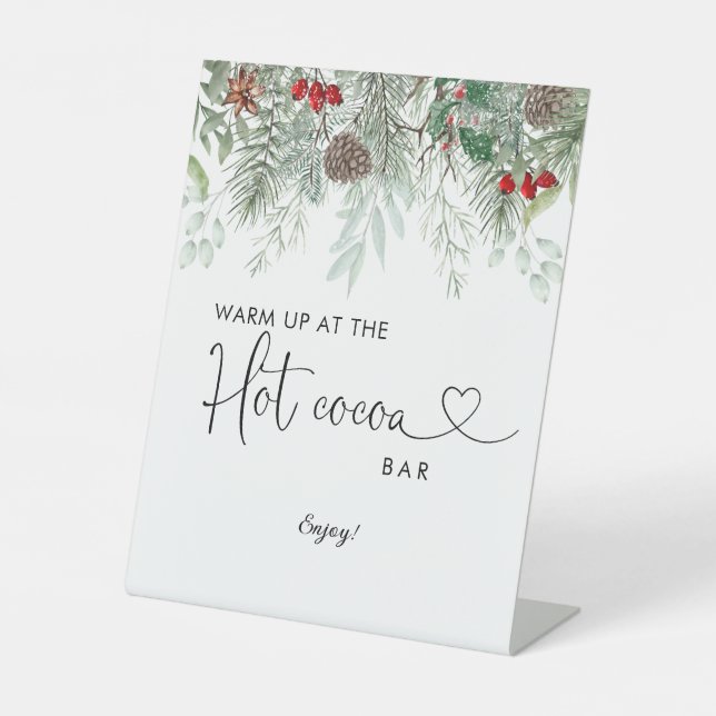 Winter Evergreen Pine Baby Shower Hot Cocoa  Pedestal Sign (Front)