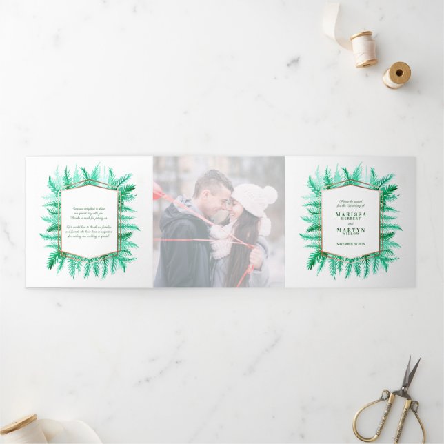 Winter evergreen pine photo winter wedding green Tri-Fold programme (Outside)