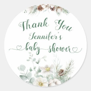 Winter evergreen pine tree baby shower classic round sticker