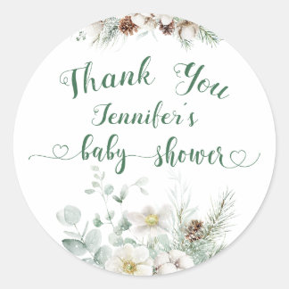 Winter evergreen pine tree baby shower classic round sticker