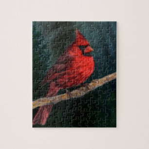 Winter Evergreen Primitive Christmas Red Cardinal Jigsaw Puzzle