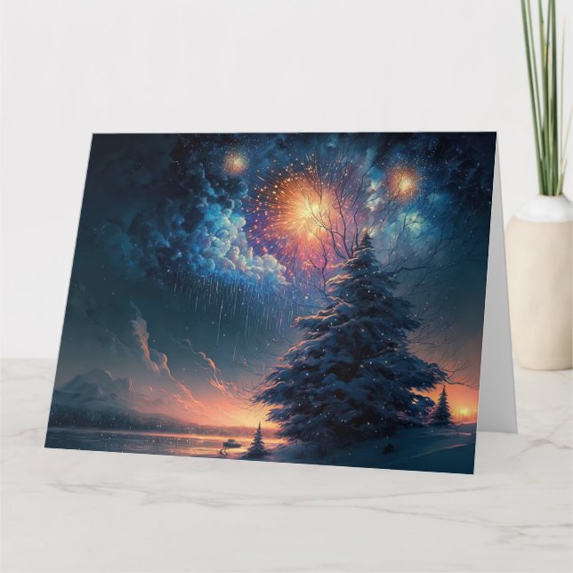 Winter Evergreen Tree & Fireworks Card (Front)