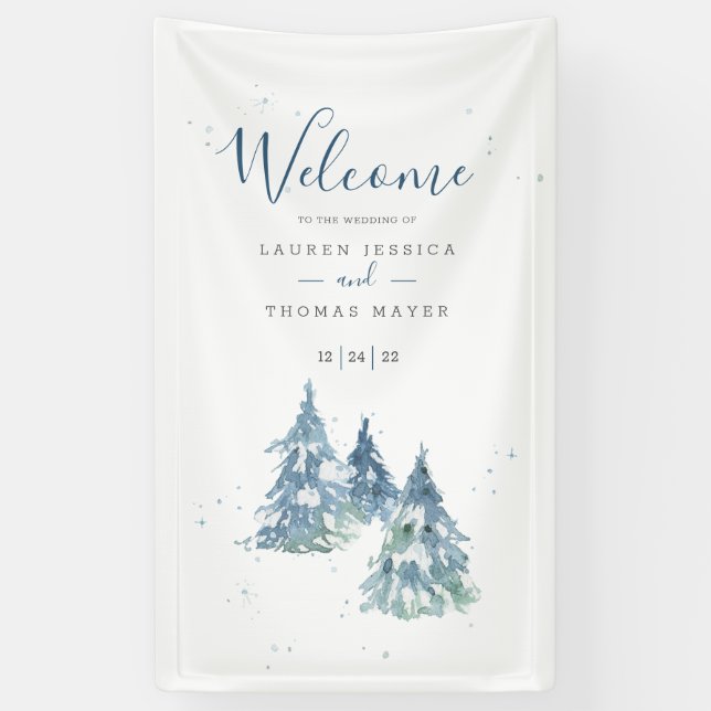 Winter Evergreen Tree Watercolor Wedding Banner (Vertical)