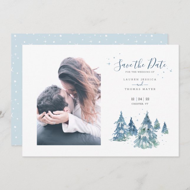 Winter Evergreen Tree Watercolor Wedding Photo Save The Date (Front/Back)