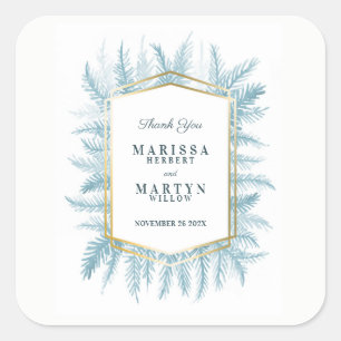 Winter evergreen watercolor blue wedding favour square sticker