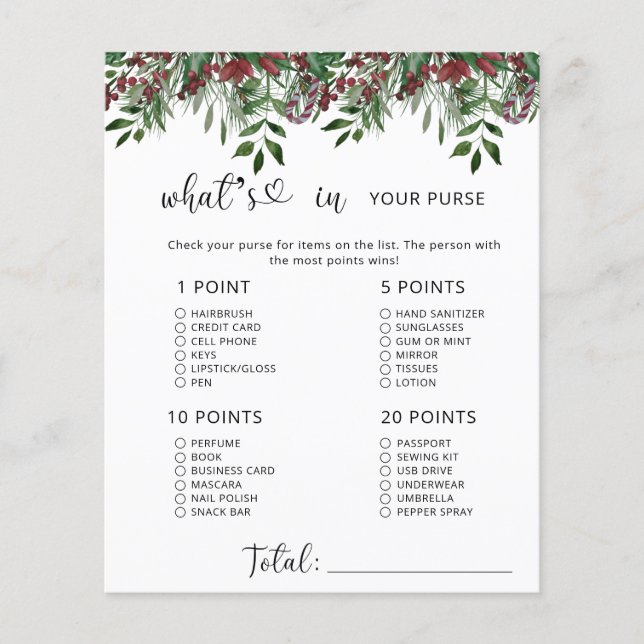 Winter evergreen whats in your purse baby shower (Front)