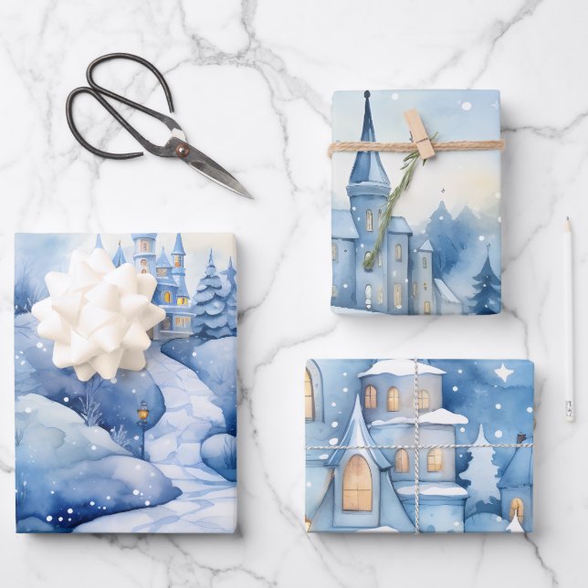 Winter Fairytale Snowy Castle Scene Blue and White Wrapping Paper Sheet (Front)