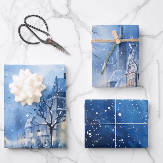 Winter Fairytale Snowy Houses Scene Blue and White Wrapping Paper Sheet (Front)