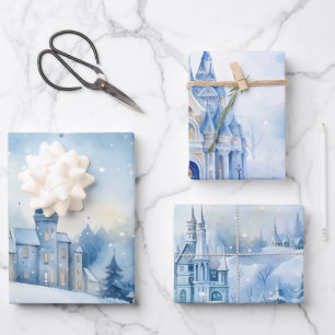 Winter Fairytale Snowy Houses Scene Blue and White Wrapping Paper Sheet