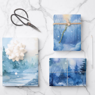 Winter Fairytale Snowy Winter Scene Blue and White Wrapping Paper Sheet