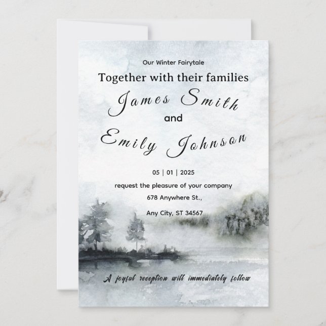 Winter Fairytale Watercolor Landscape Wedding Invitation (Front)