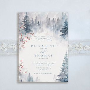 Winter Falling Snow Mountain Trees Elegant Wedding Invitation