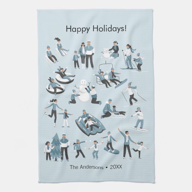 Winter Family Fun Christmas Holiday Tea Towel (Vertical)