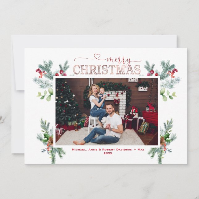 Winter Family Photos Gold Merry Christmas Script Holiday Card (Front)