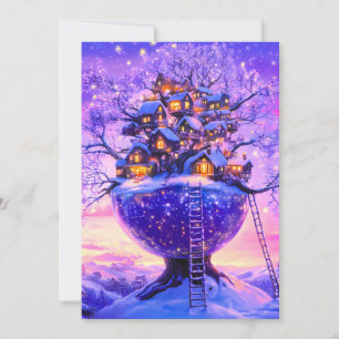Winter Fantasy Snowy Tree Village Landscape Holiday Card