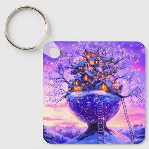 Winter Fantasy Snowy Tree Village Landscape Key Ring