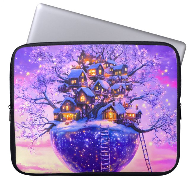 Winter Fantasy Snowy Tree Village Landscape Laptop Sleeve (Front)