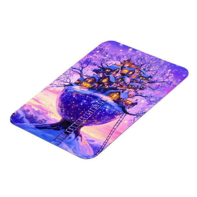 Winter Fantasy Snowy Tree Village Landscape Magnet (Left Side)