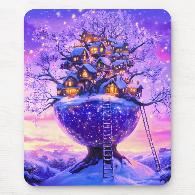 Winter Fantasy Snowy Tree Village Landscape Mouse Mat (Front)
