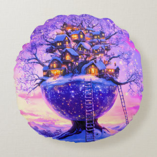 Winter Fantasy Snowy Tree Village Landscape Round Cushion