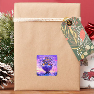 Winter Fantasy Snowy Tree Village Landscape Square Sticker
