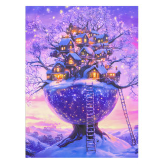 Winter Fantasy Snowy Tree Village Landscape Tablecloth