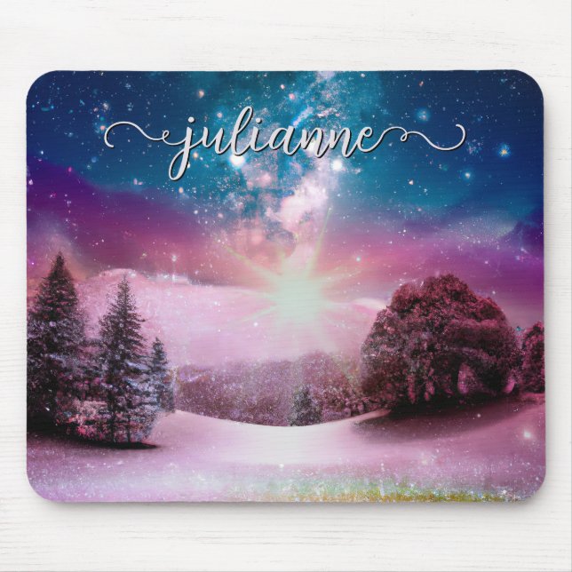 Winter Fantasy Starry Landscape with Name Mouse Mat (Front)