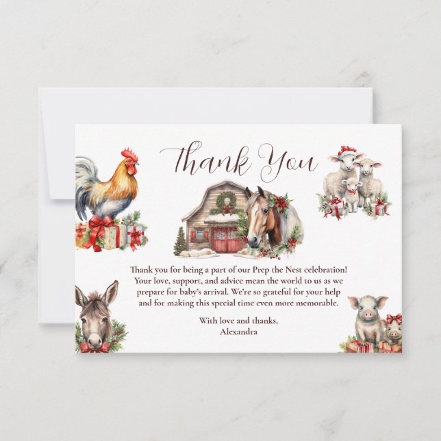 Winter Farm Animals Christmas Thank You Card (Front)