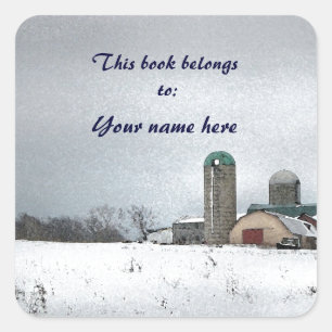 Winter Farm Bookplate Square Sticker