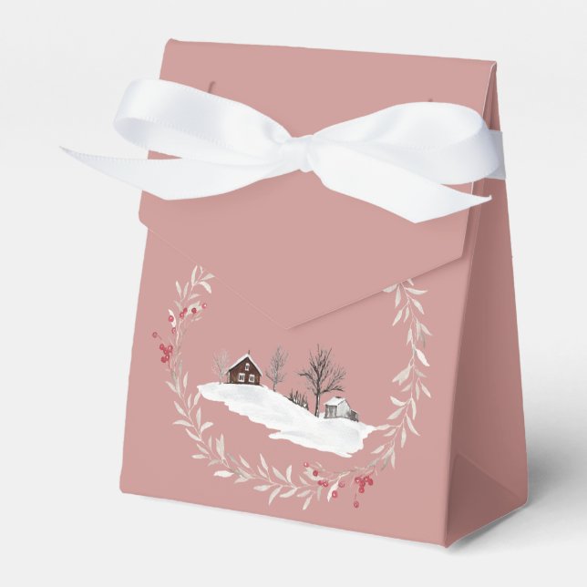 Winter Farm House Surrounded by Christmas Wreath Favour Box (Front Side)
