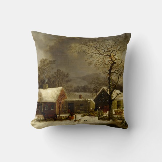 Winter Farm Painting by George Durrie Cushion (Front)