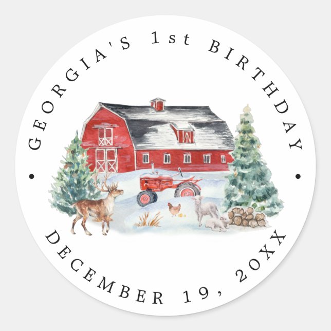 Winter Farm Themed Birthday Party Thank You Favour Classic Round Sticker (Front)