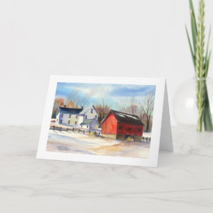 Winter Farmhouse & Red Barn Holiday Card