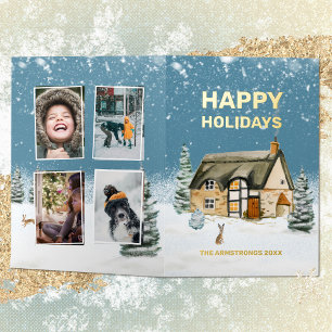 Winter Farmhouse Snowy Watercolor 4 Photo Foil Holiday Card