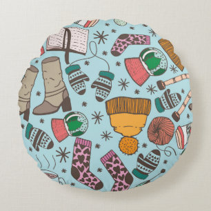 Winter Fashion Doodle Sketch Pattern Round Cushion