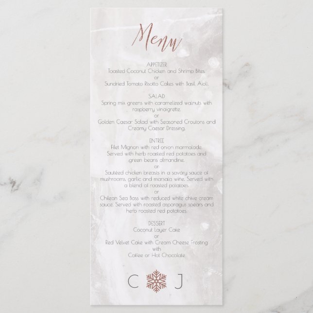 Winter Faux Rose Gold Snowflakes Wedding Menu (Front)